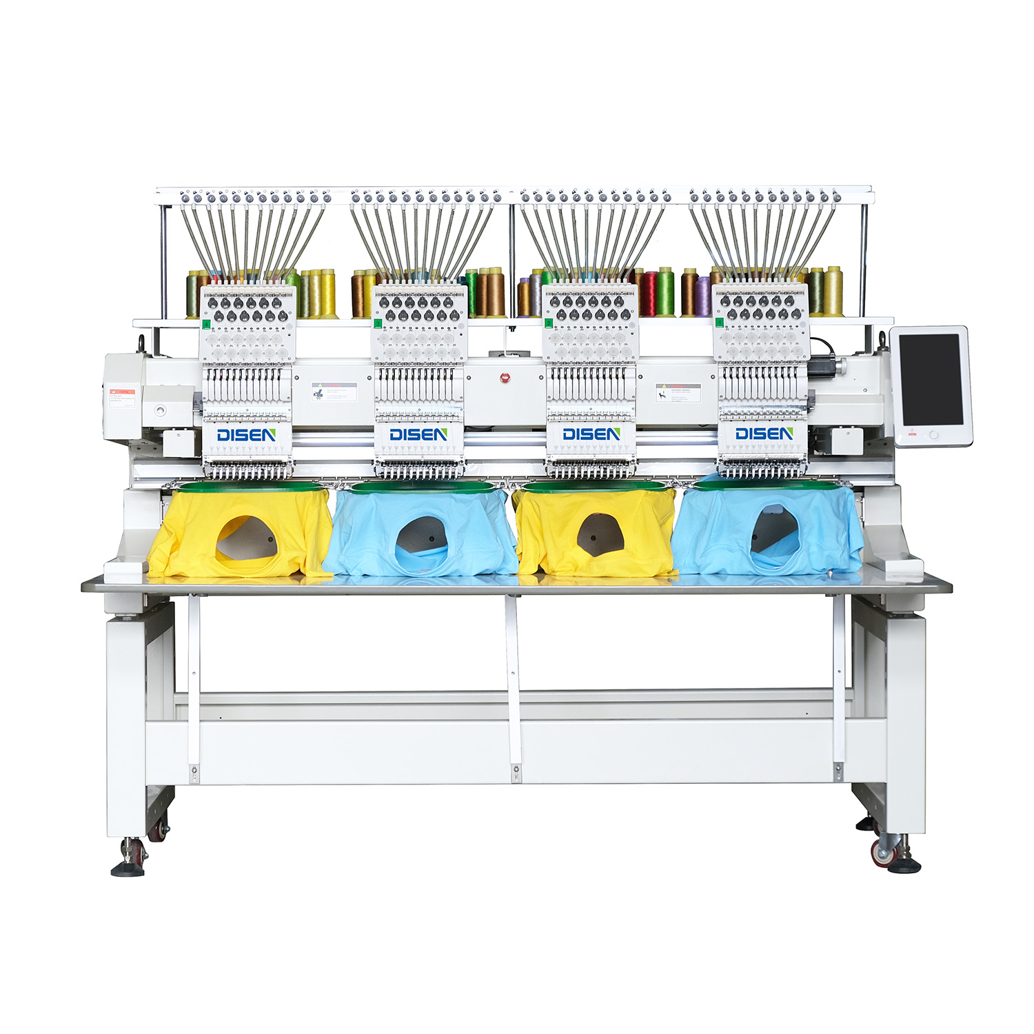 Commercial embroidery production floor setup with multi-head machinery